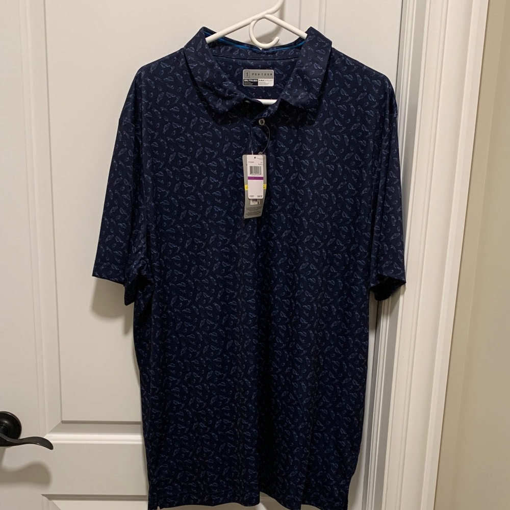 PGA Tour Navy Polo with Golf Stuff Design. Size: XXL. Brand new with tags.